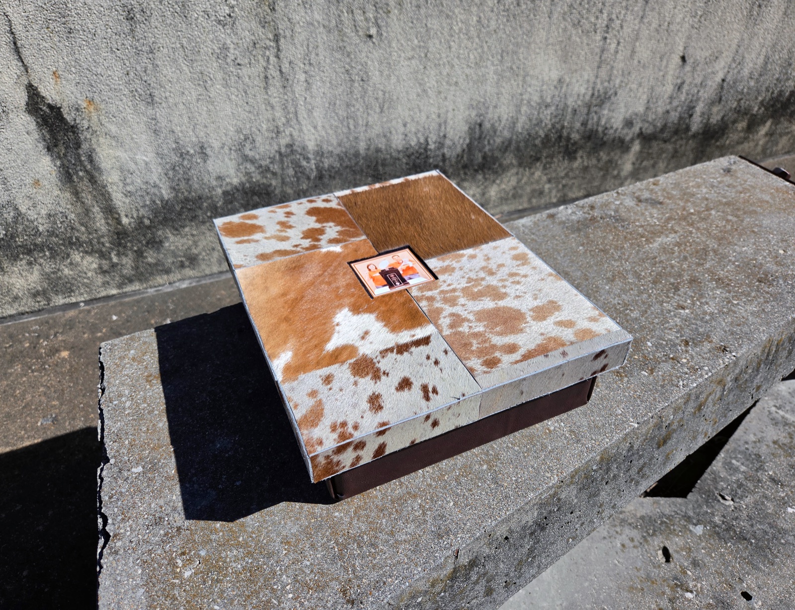 The closed box resting on a concrete ledge, its patchwork cowhide lid in full sun
