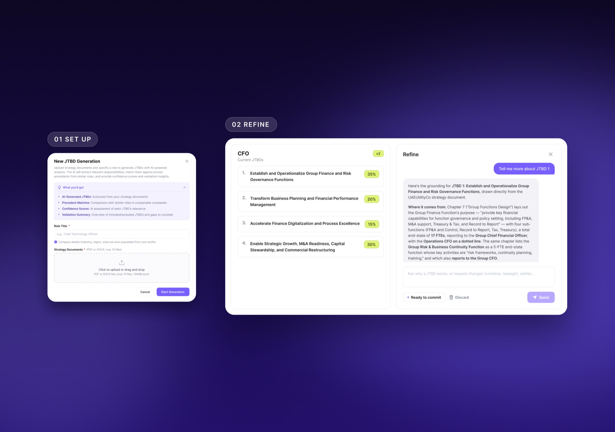 Two steps of an AI tool: a set-up dialog and a refine view with an inline chat panel