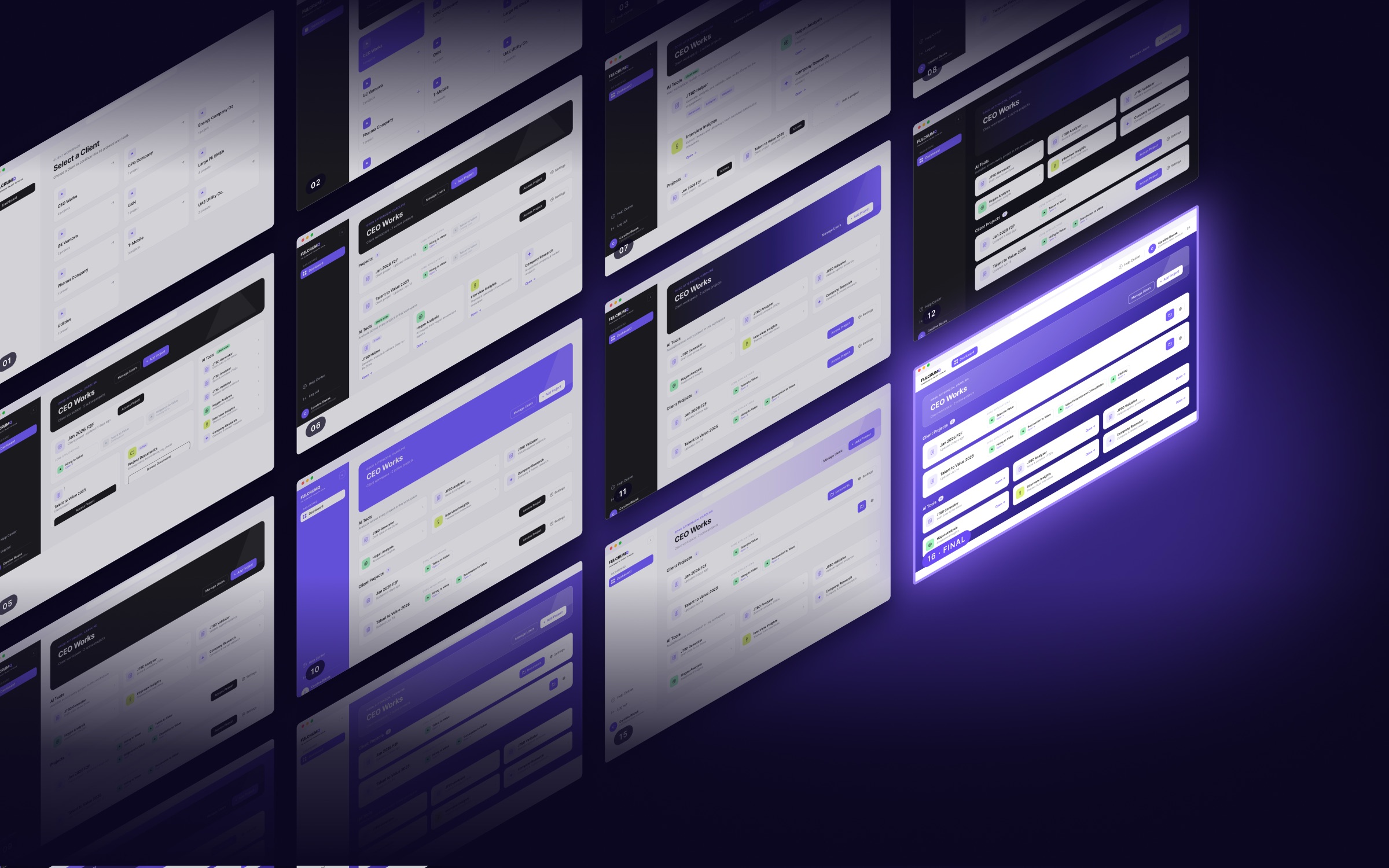 An isometric wall of client dashboard iterations