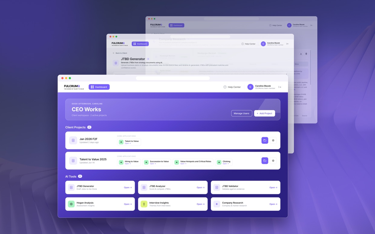 The FulcrumQ client dashboard shown as layered browser windows against a purple field